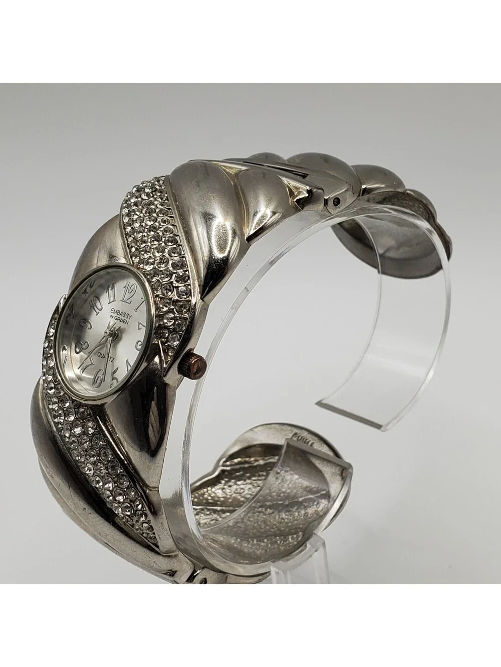 Embassy By Gruen Rhinestone Cuff Band Women Watch 29mm Silver Tone New Battery